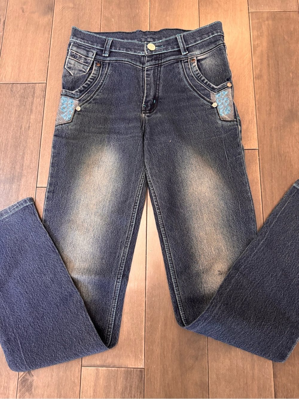 Y2K Long Li Dark Wash Embroidered Skinny Jeans Turquoise Stitching